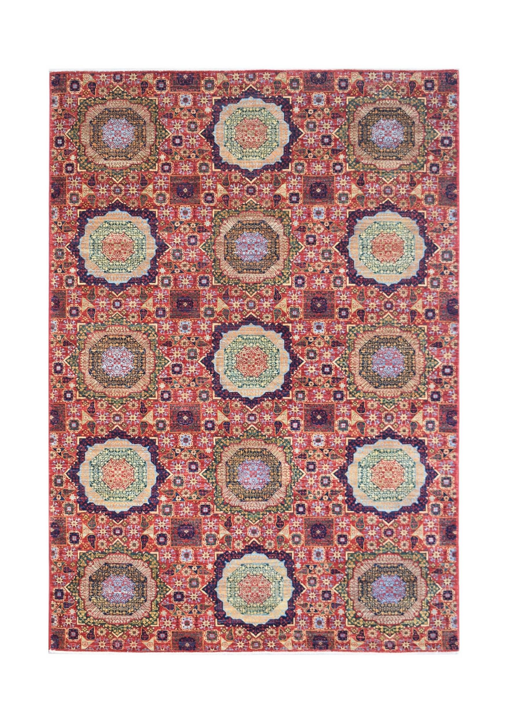 Handmade Afghan Chobi rug featuring a traditional red Mamluk pattern with intricate medallions.
