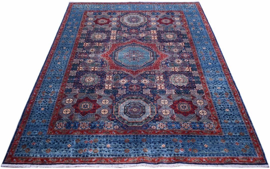 Handmade Afghan Chobi rug featuring a traditional Mamluk medallion design in blue and red tones.