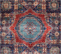 Handmade Afghan Chobi rug featuring a central geometric medallion in blue and red tones.