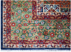 A handmade Afghan Chobi rug featuring a green field with floral patterns and a Mamluk design.
