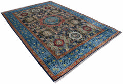 A rectangular Afghan Chobi Mamluk rug featuring intricate geometric medallions in blue and red.
