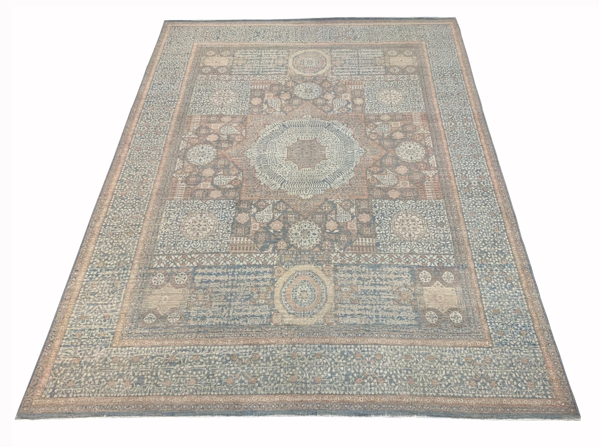 A rectangular Afghan Chobi rug featuring a traditional Mamluk pattern in muted blue and tan tones.