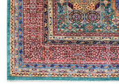 A handmade Afghan Chobi rug featuring a complex Mamluk medallion design in red, teal, and gold.