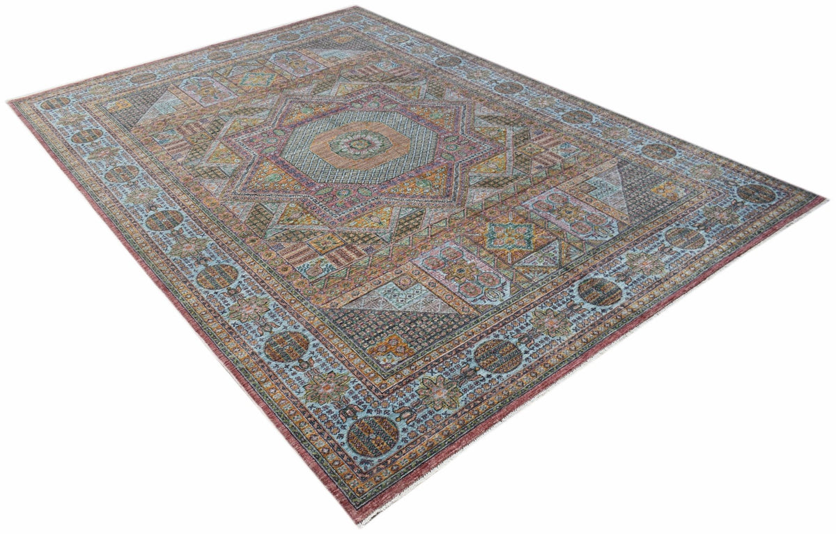 A rectangular, handwoven Afghan Chobi rug featuring a traditional Mamluk geometric pattern.