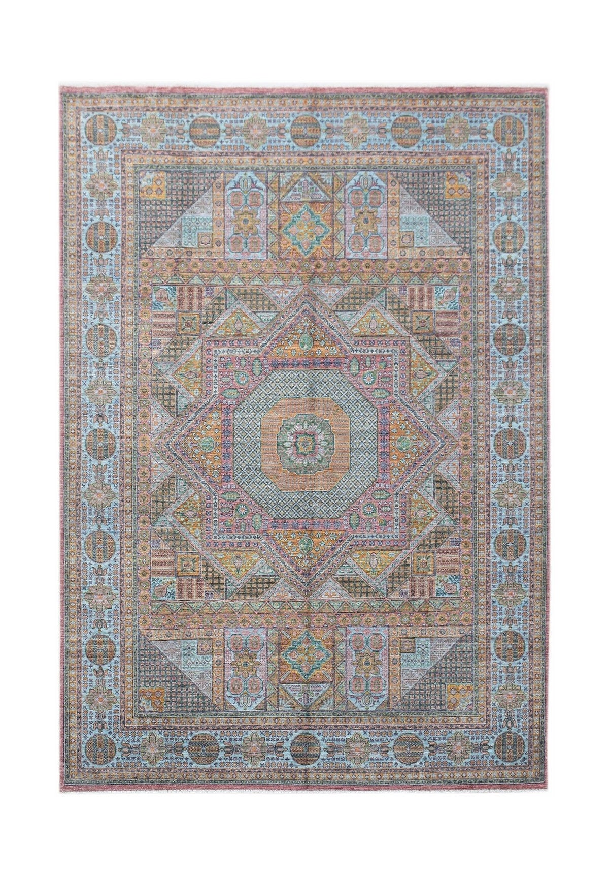 A rectangular Afghan Chobi rug featuring a geometric Mamluk pattern in muted earth tones.