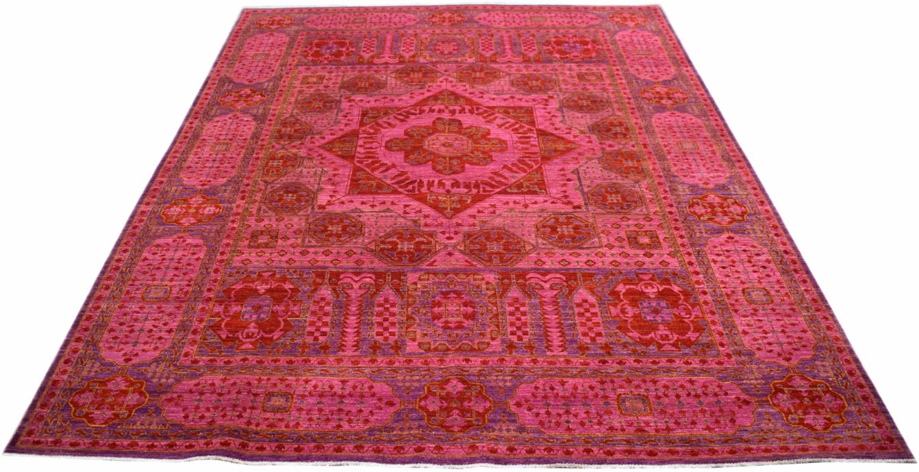 Handmade Afghan Chobi rug featuring a traditional Mamluk medallion design in shades of pink and red.