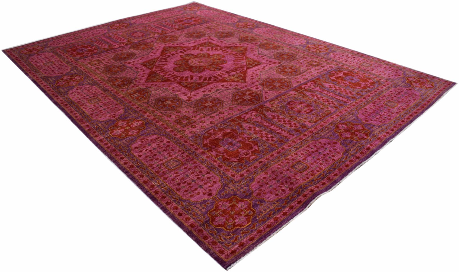 A handmade Afghan Chobi rug featuring a traditional Mamluk medallion design in shades of pink.