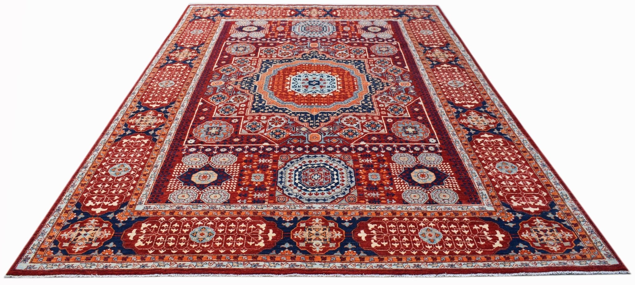 Handwoven Afghan Chobi rug featuring a traditional Mamluk medallion pattern in red and blue.