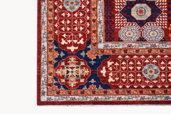A handmade Afghan Chobi rug featuring a traditional Mamluk pattern in red, blue, and orange tones.