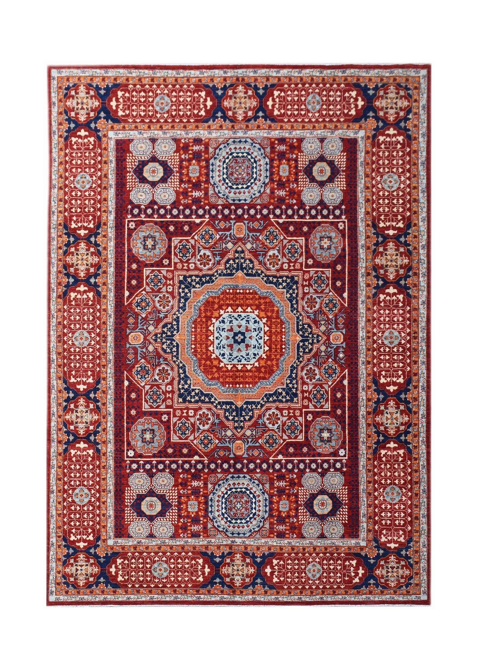 Handwoven Afghan Chobi rug featuring a traditional Mamluk medallion pattern in red and blue tones.