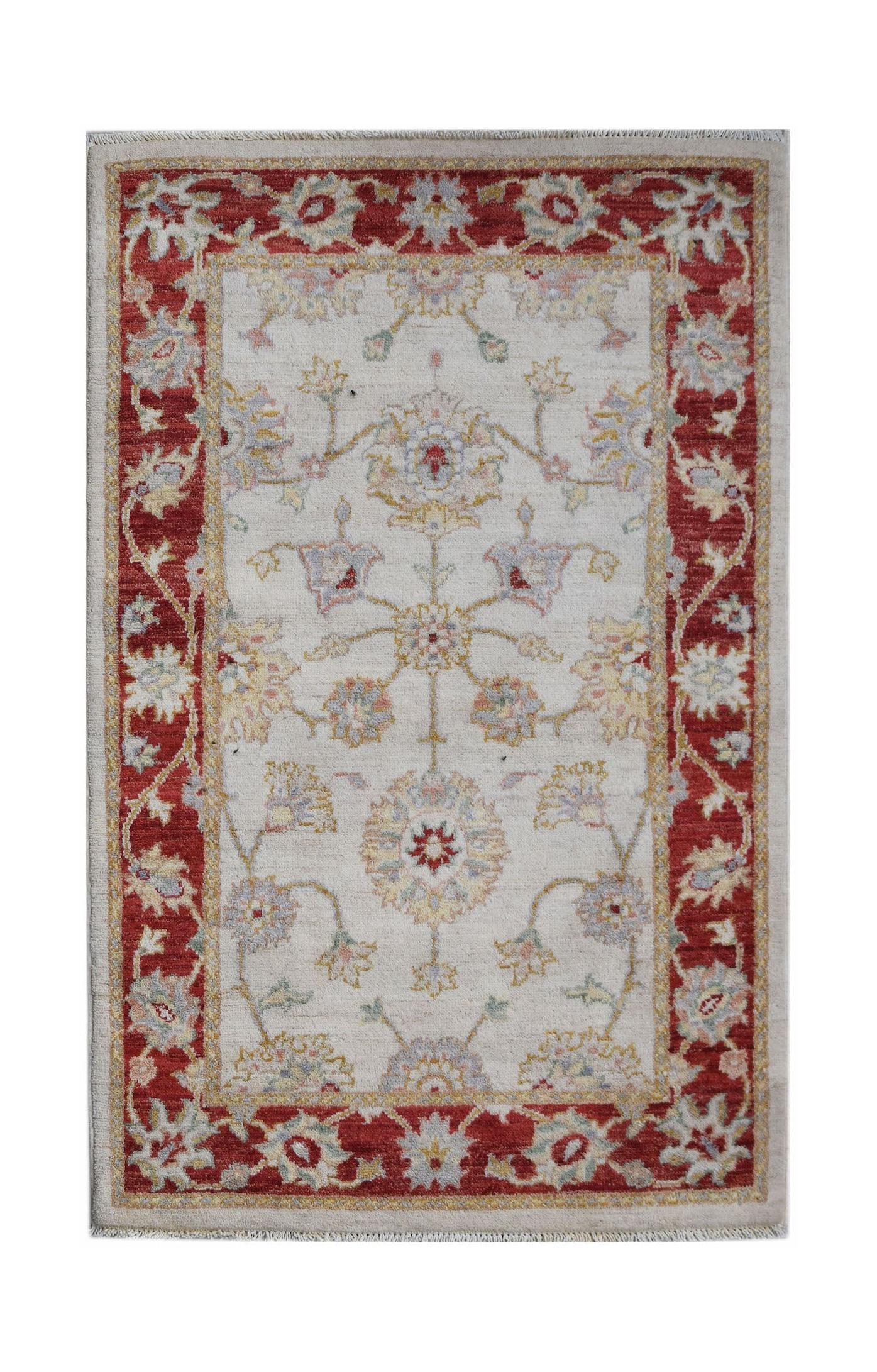 Handwoven Afghan Chobi rug featuring a floral pattern in soft tones on a cream field with red border.