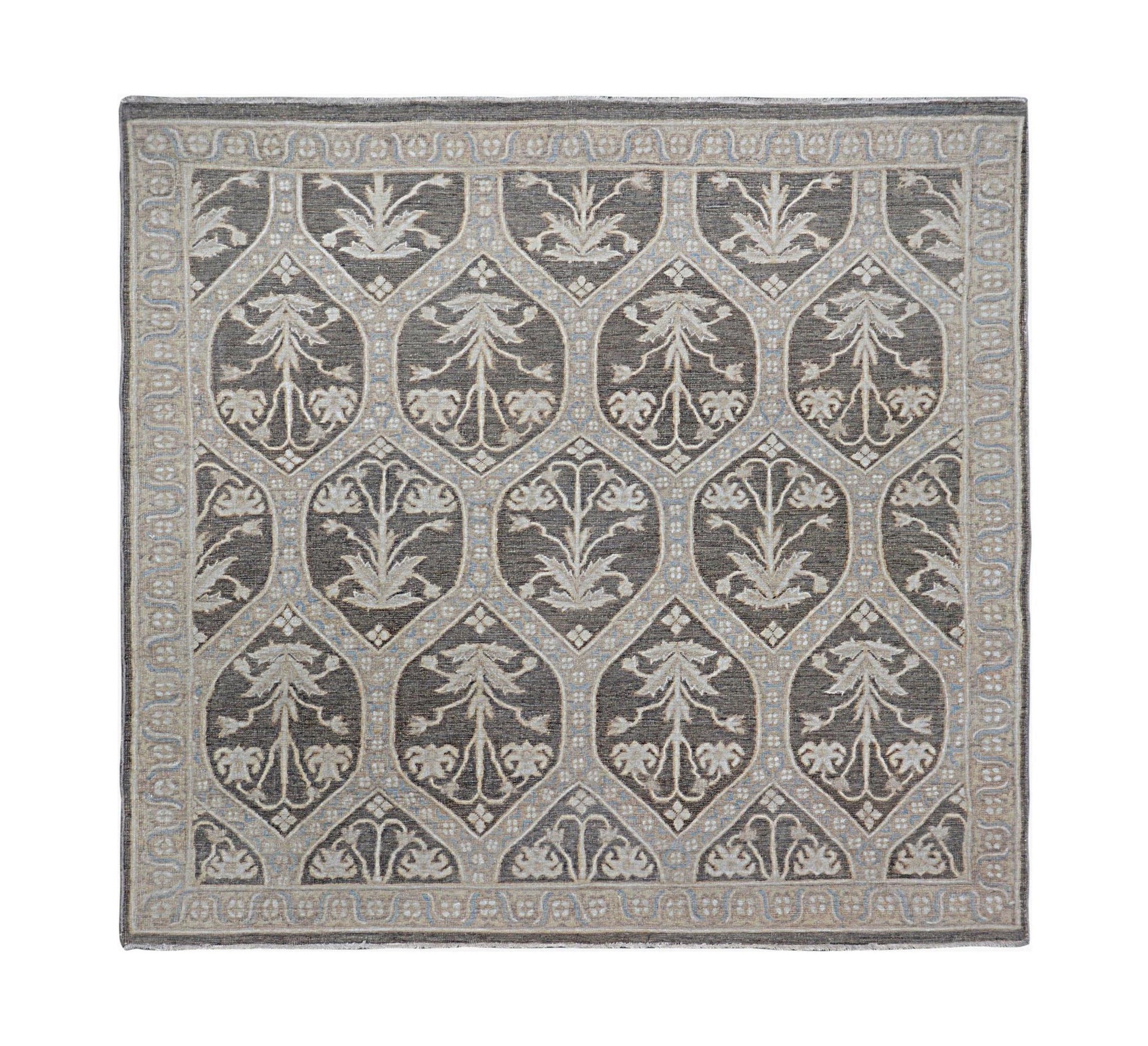 A square Afghan Chobi rug featuring a repeating floral motif in grey and beige tones.