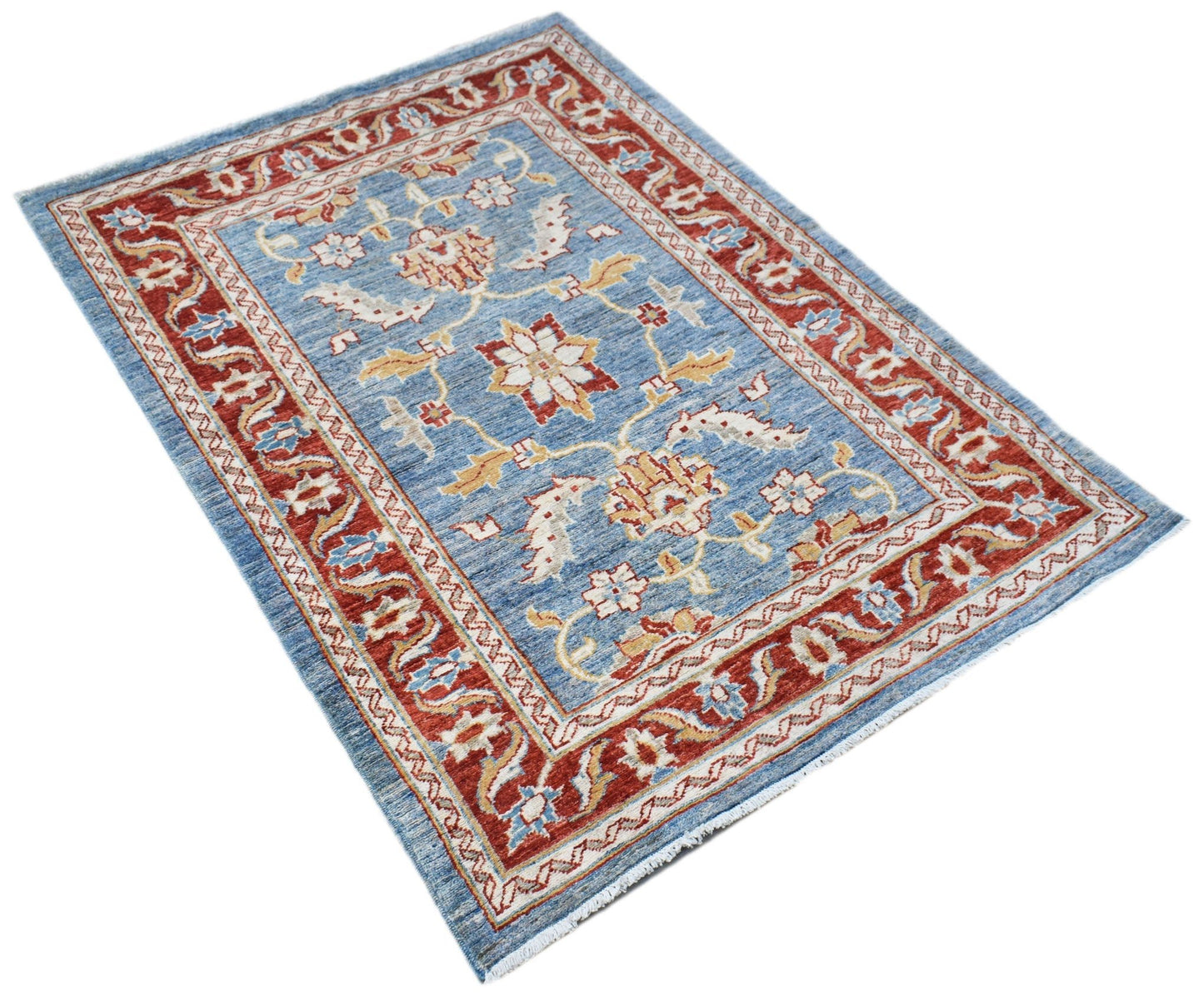 A rectangular Afghan Chobi rug featuring a traditional floral pattern in blue, red, and cream.