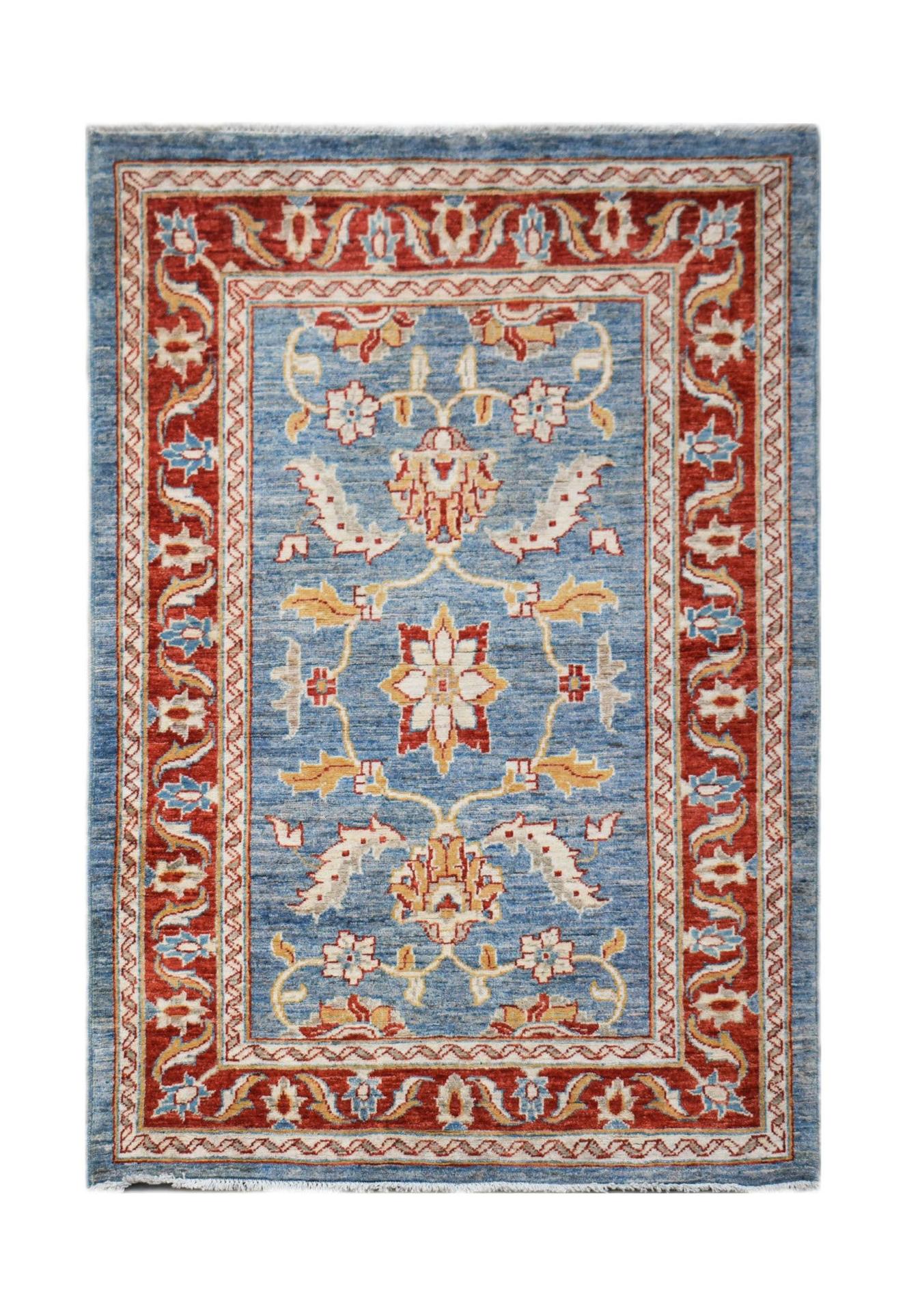 A rectangular Afghan Chobi rug featuring a floral pattern in blue, red, and cream tones.