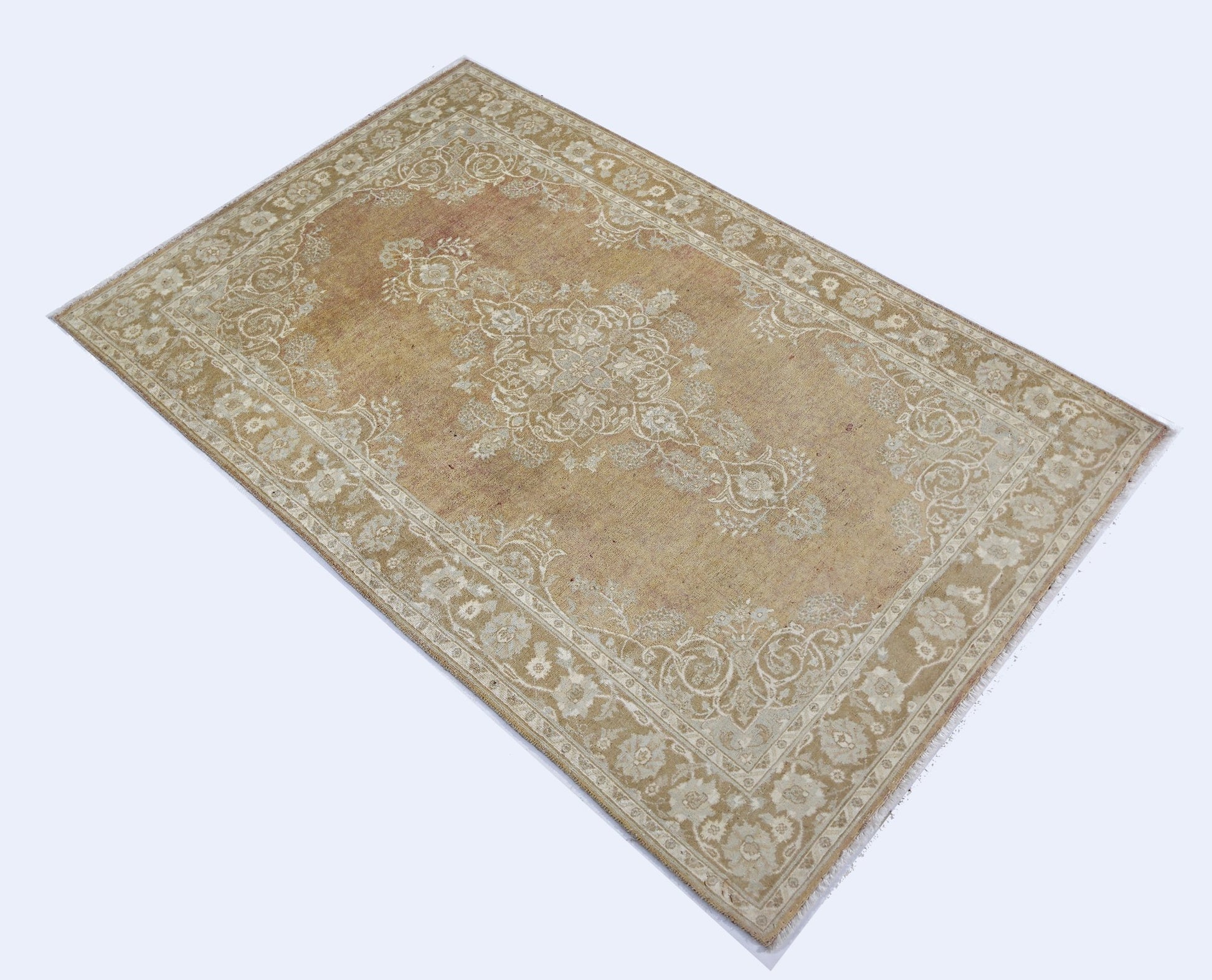 A rectangular Afghan Chobi rug featuring a traditional floral pattern in shades of beige and tan.