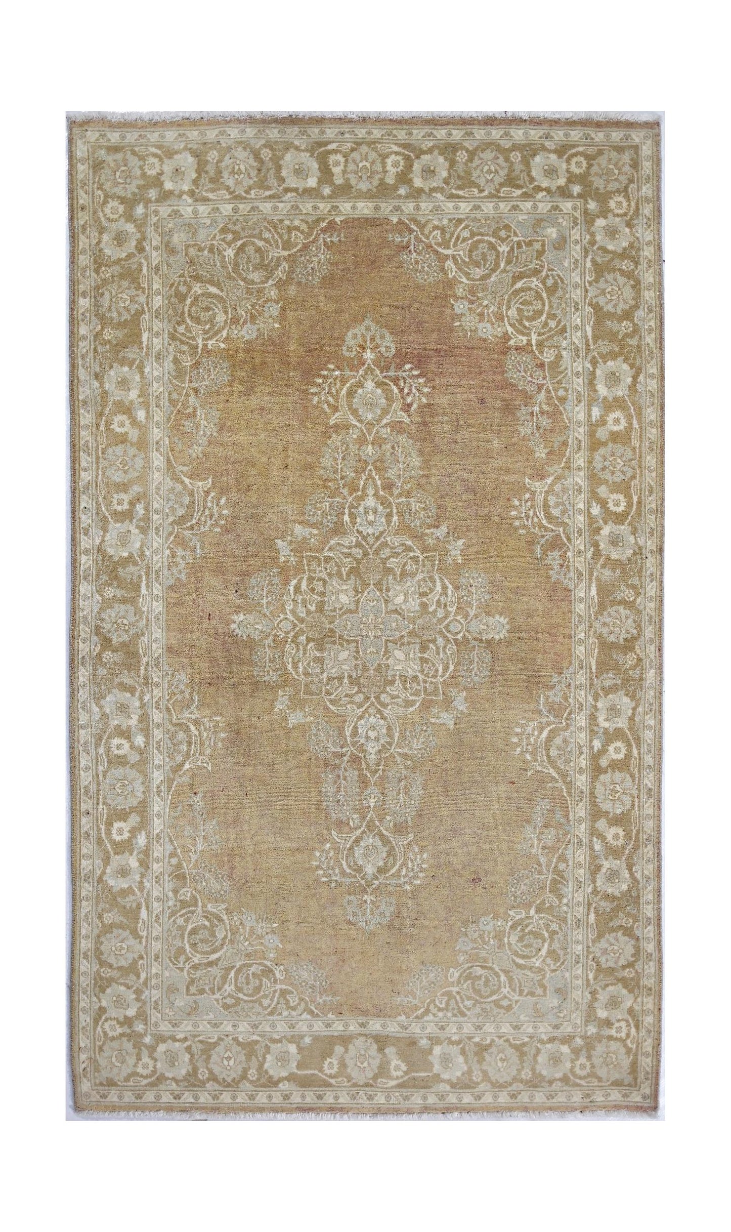 A rectangular Afghan Chobi rug featuring a traditional floral medallion in shades of tan and cream.
