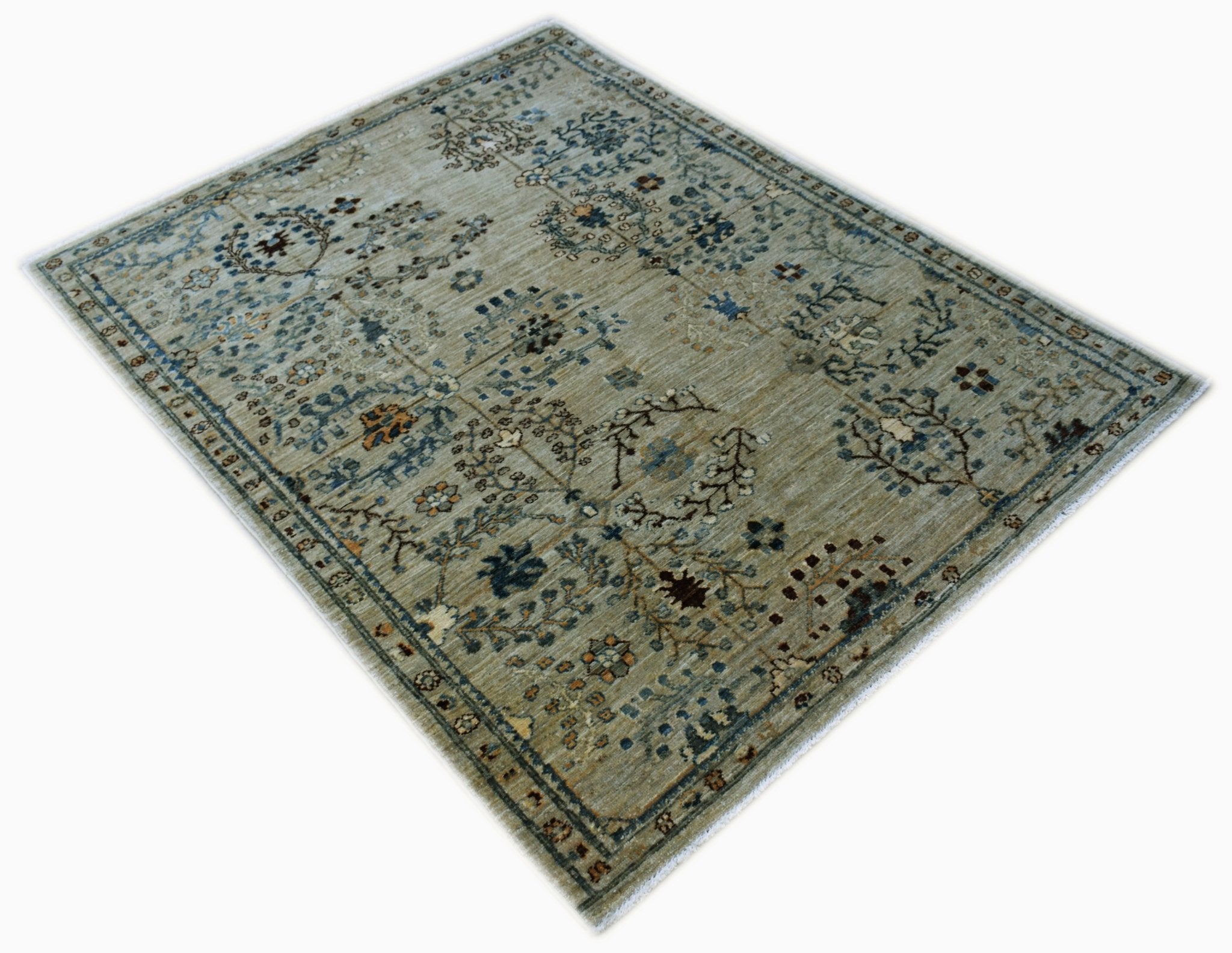 A rectangular Afghan Chobi rug featuring traditional floral patterns in muted earth tones.