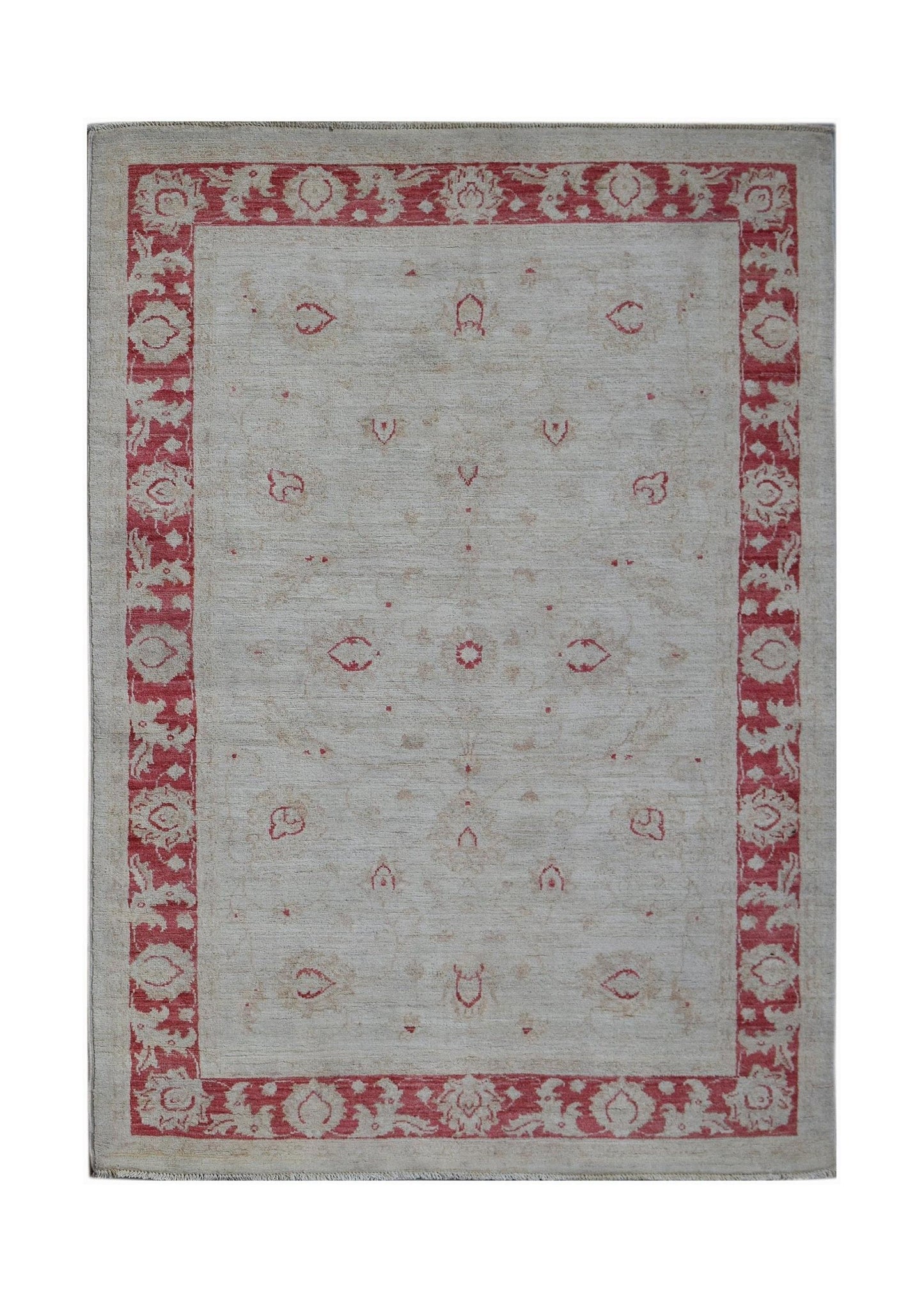 An Afghan Chobi rug featuring a light beige field with red floral borders and motifs.