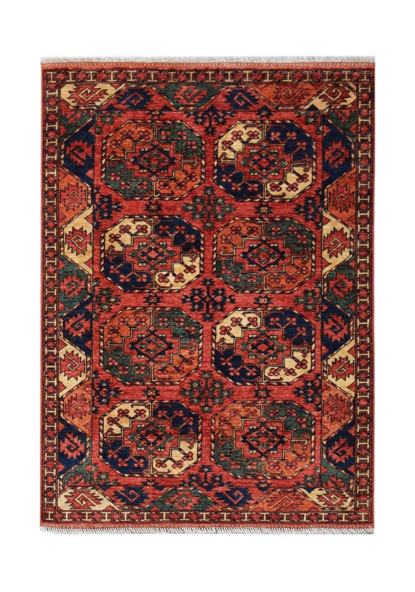 Handwoven Afghan Chobi rug featuring a traditional geometric pattern in red, blue, and cream tones.