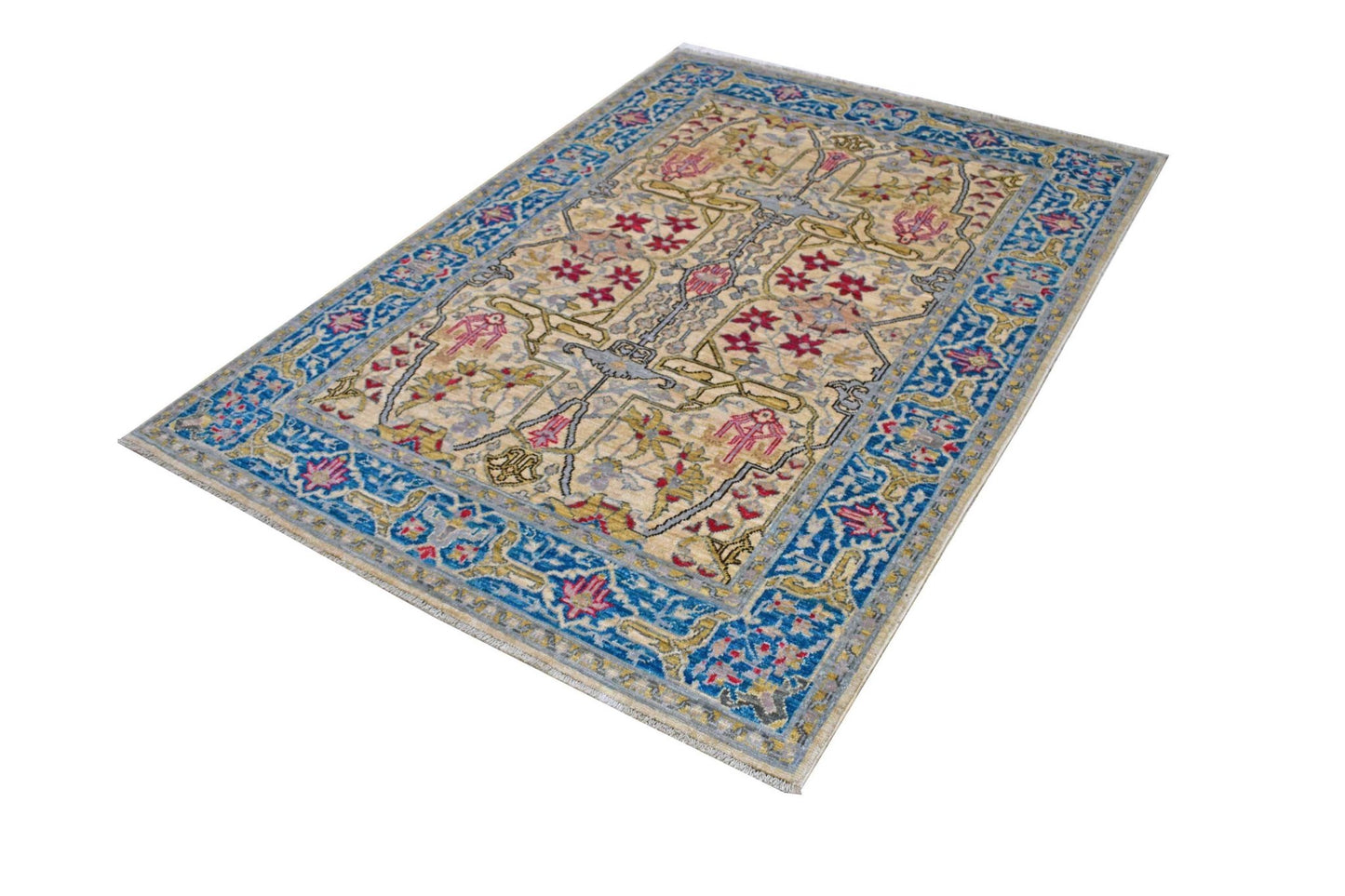 A rectangular Afghan Chobi rug featuring a traditional floral pattern in blue, red, and beige.