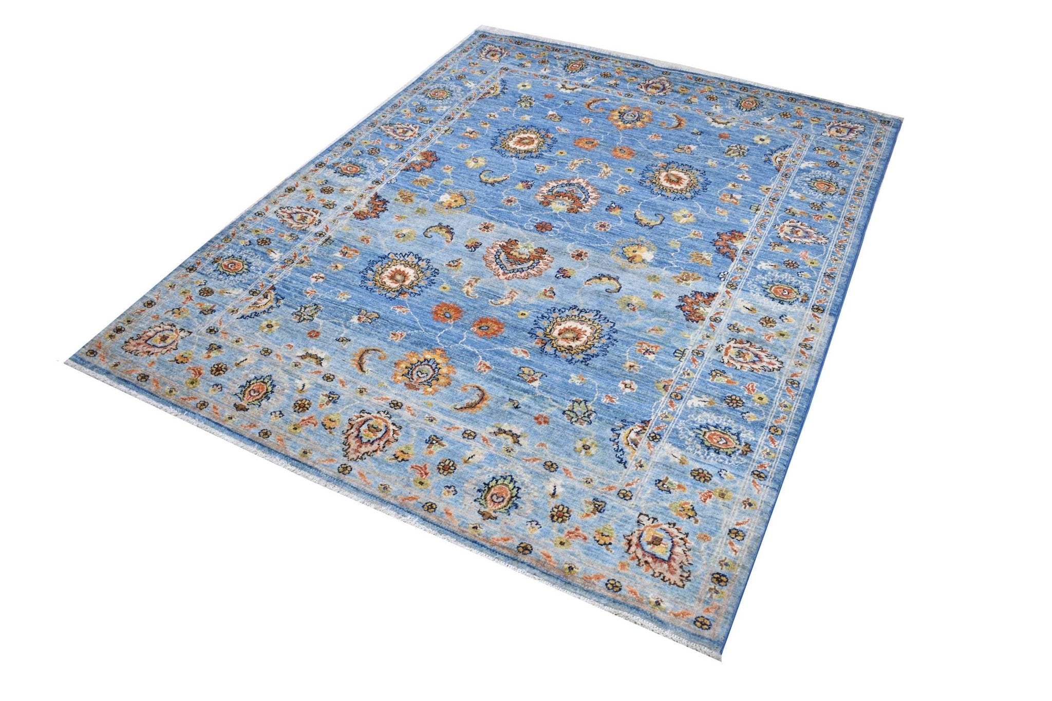 A rectangular Afghan Chobi rug featuring traditional floral patterns in blue, orange, and cream.