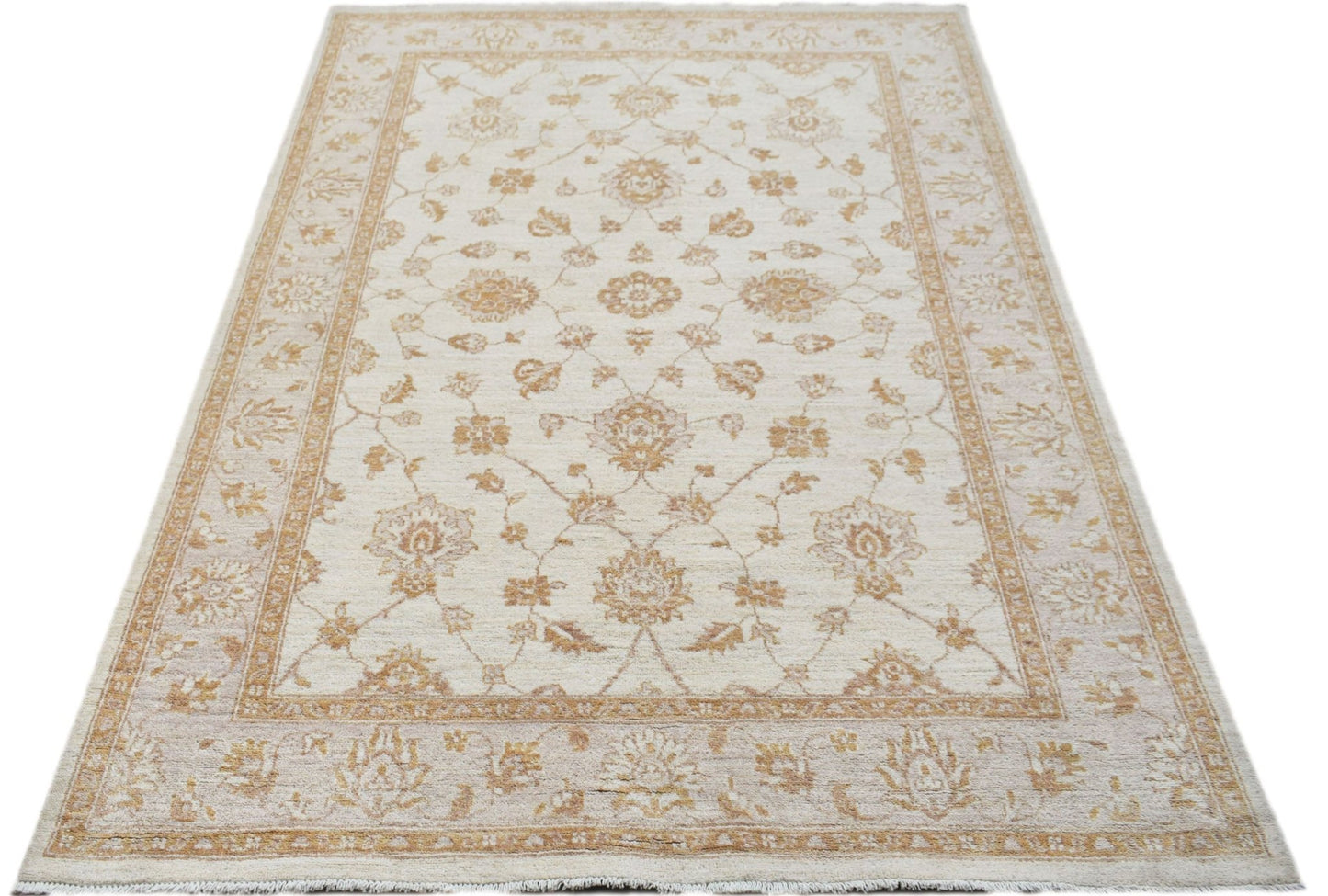 A rectangular Afghan Chobi rug featuring a traditional floral pattern in soft beige and tan tones.