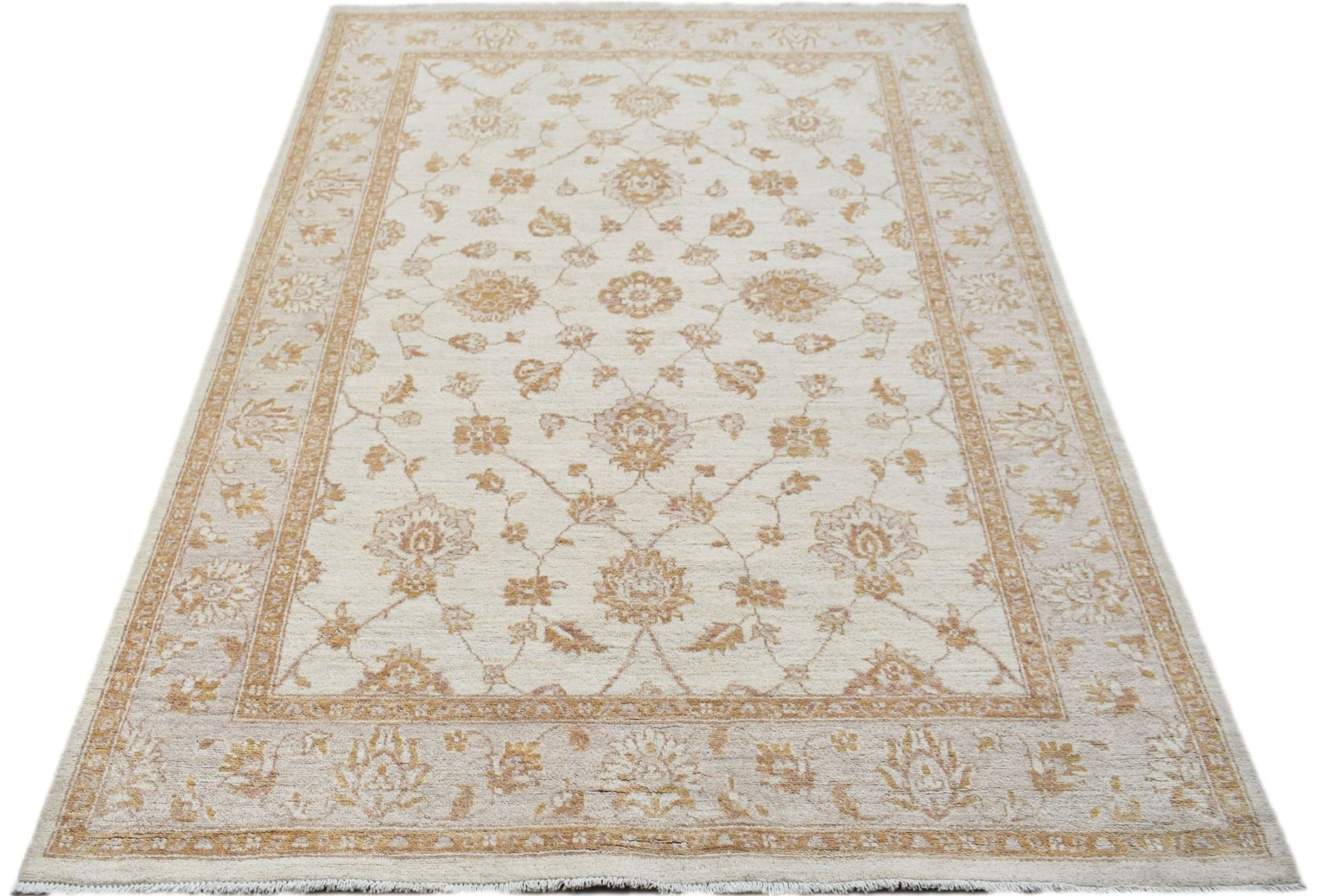 A rectangular Afghan Chobi rug featuring a traditional floral pattern in soft beige and tan tones.