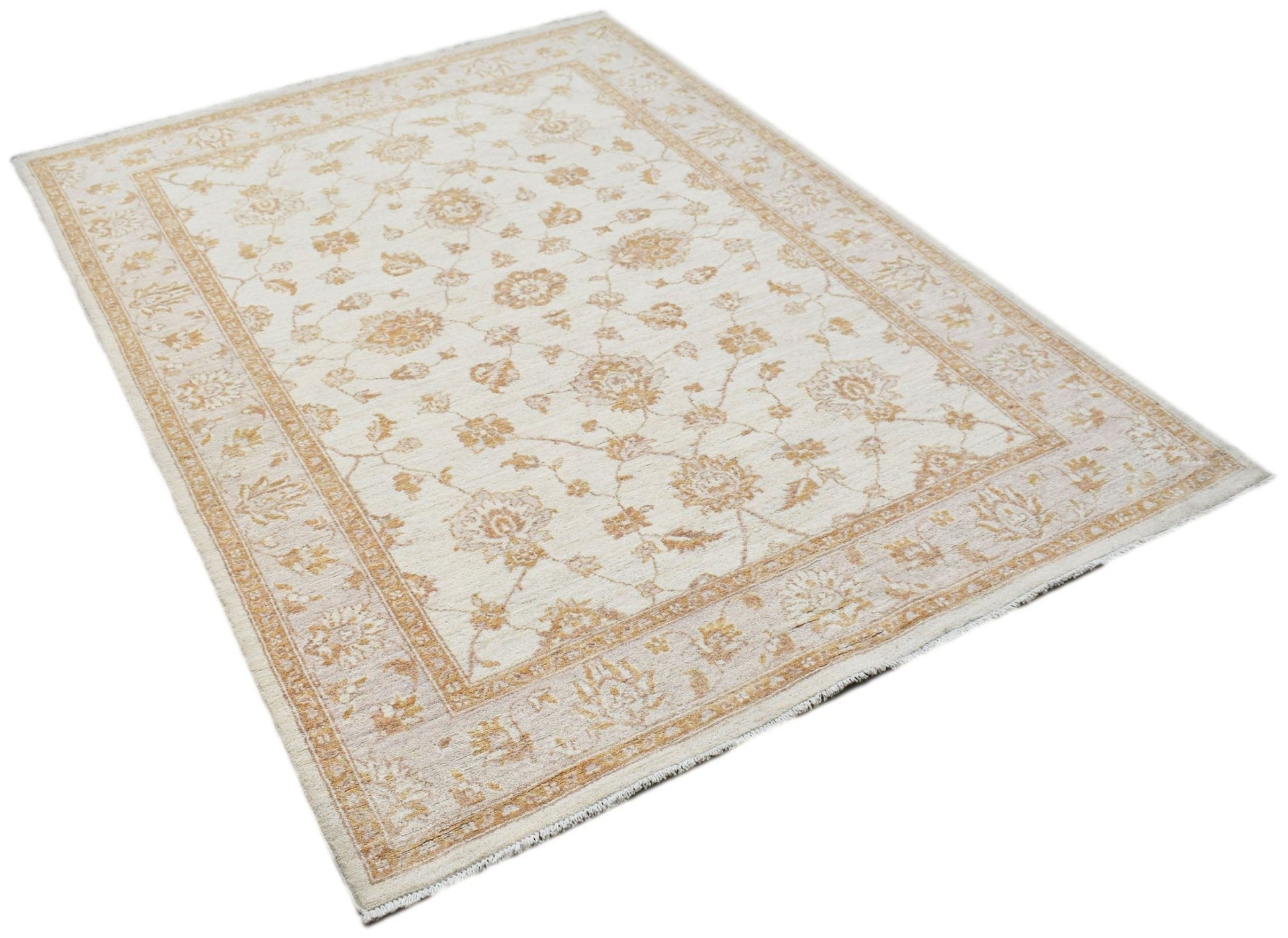 A rectangular Afghan Chobi rug featuring a traditional floral pattern in soft beige and gold tones.