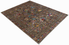 A rectangular Afghan Chobi rug featuring a brown field with colorful floral patterns.