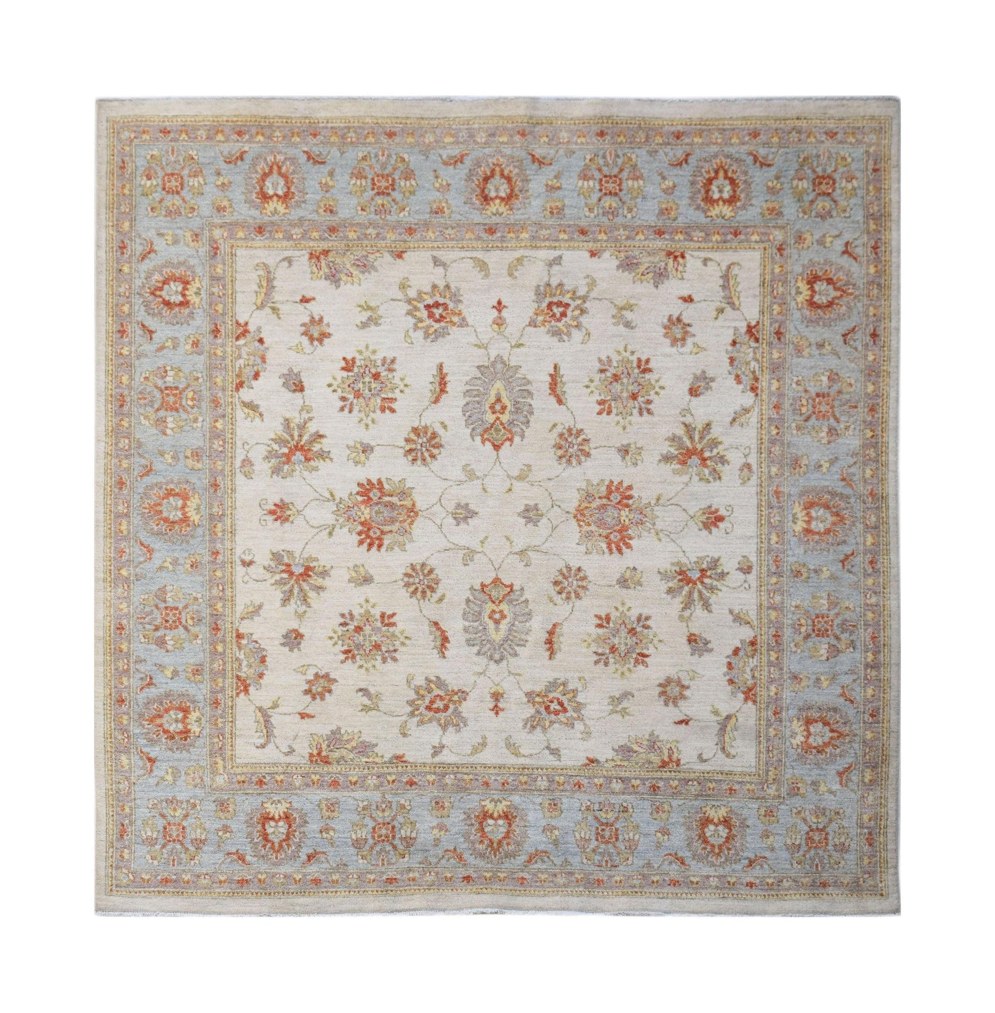 A square Afghan Chobi rug featuring a floral pattern in soft orange and grey on a cream background.