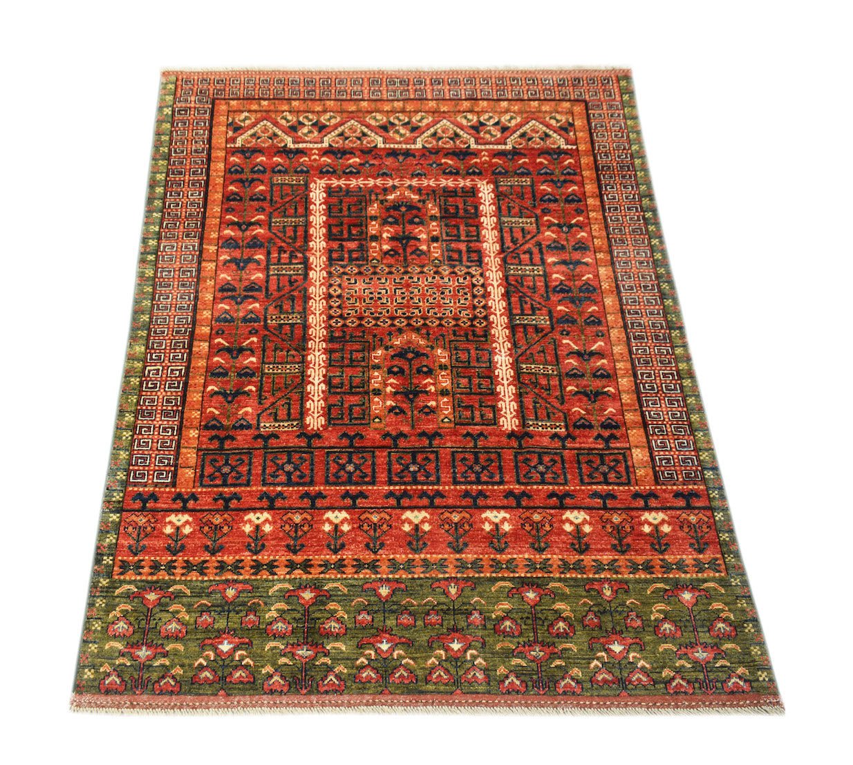A rectangular Afghan Chobi rug featuring traditional geometric patterns in red, green, and blue.