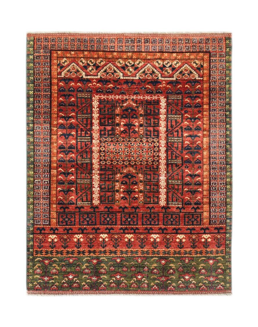 A rectangular Afghan Chobi rug featuring traditional geometric patterns in red, green, and blue.