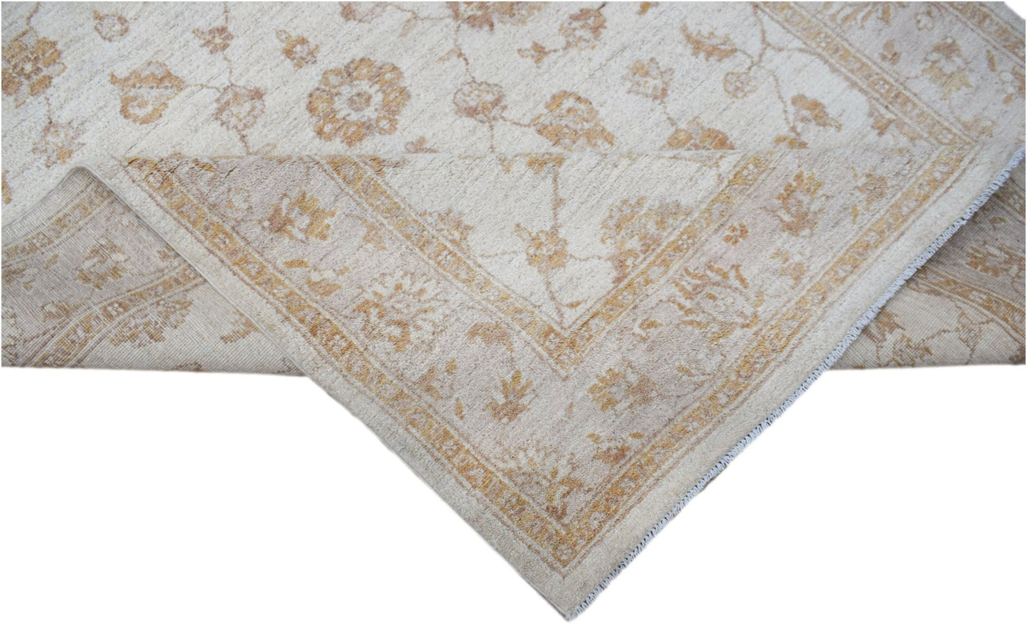 A handwoven Afghan Chobi rug featuring a traditional floral pattern in soft beige and gold tones.