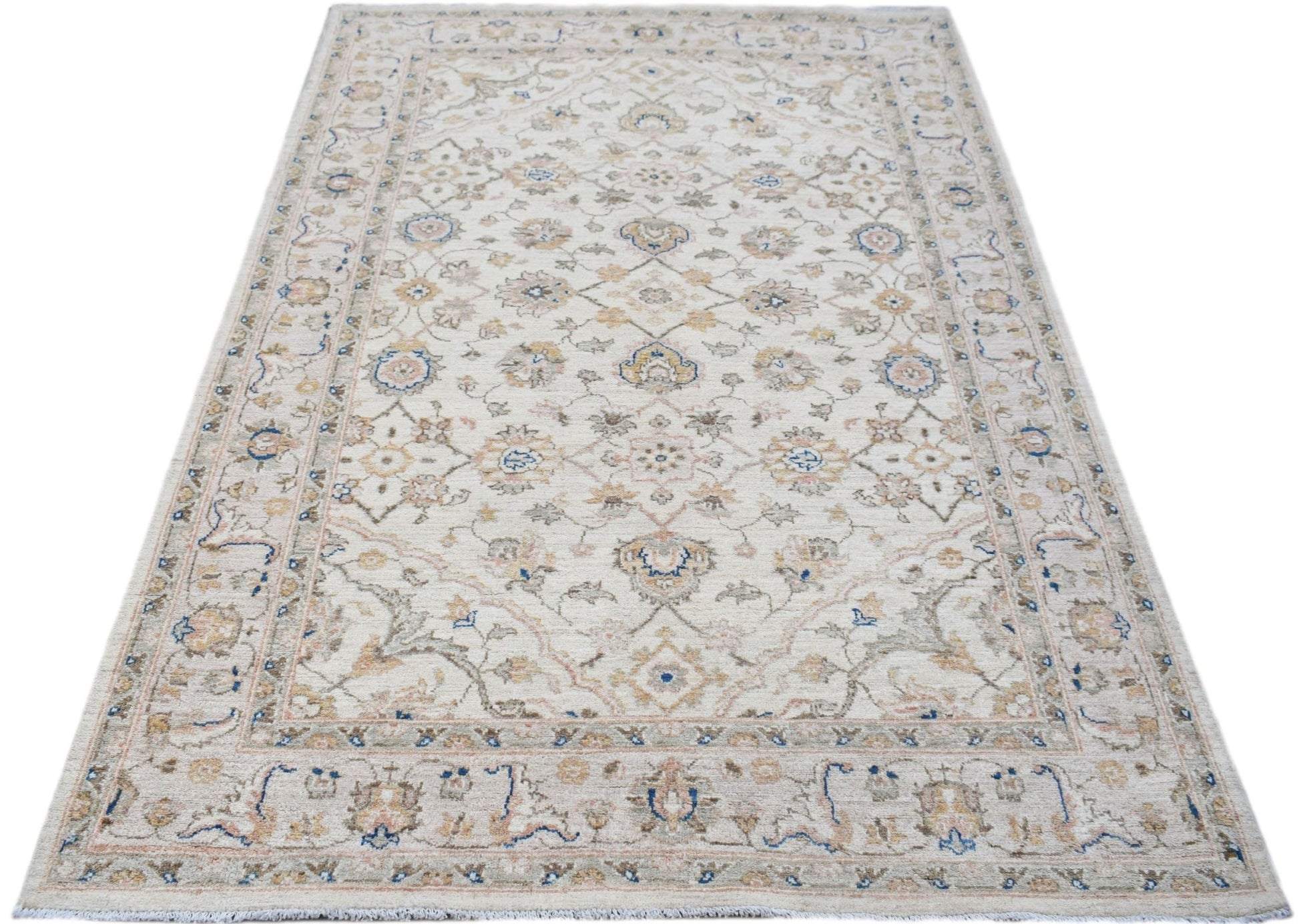 A rectangular Afghan Chobi rug featuring a traditional floral pattern in soft beige, blue, and tan.