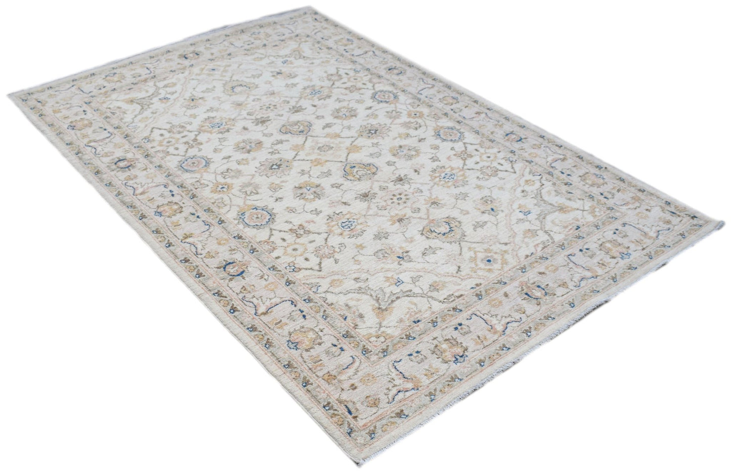 A rectangular Afghan Chobi rug featuring a traditional floral pattern in soft beige and blue tones.
