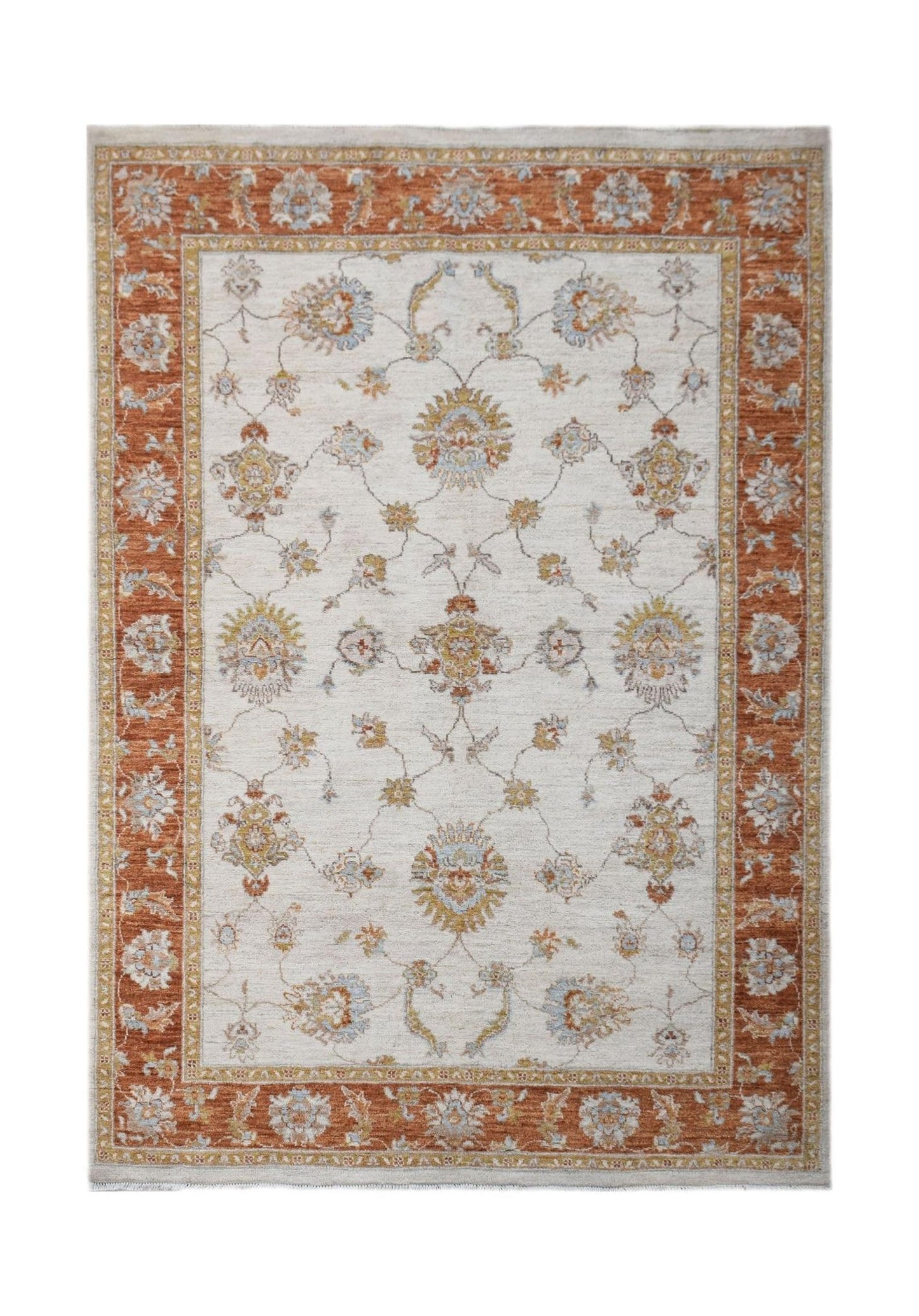 An Afghan Chobi rug featuring a cream field with floral motifs and a rust-colored border.