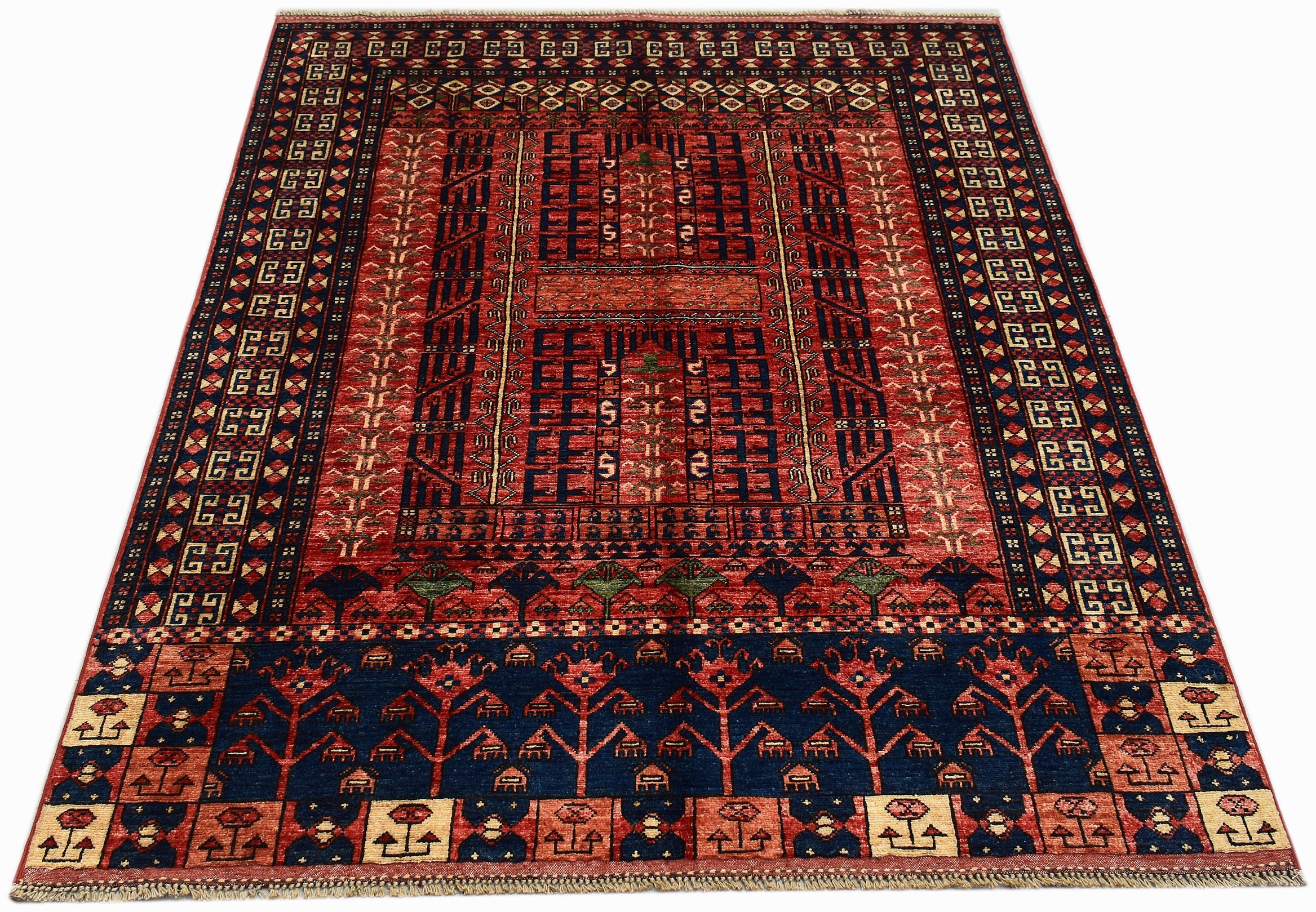 A rectangular Afghan Chobi rug featuring a geometric pattern in red, blue, and cream tones.