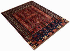 A handmade Afghan Chobi rug featuring a geometric pattern in deep red and blue tones.