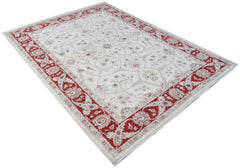 An Afghan Chobi rug featuring a cream field with floral patterns and a bold red border.