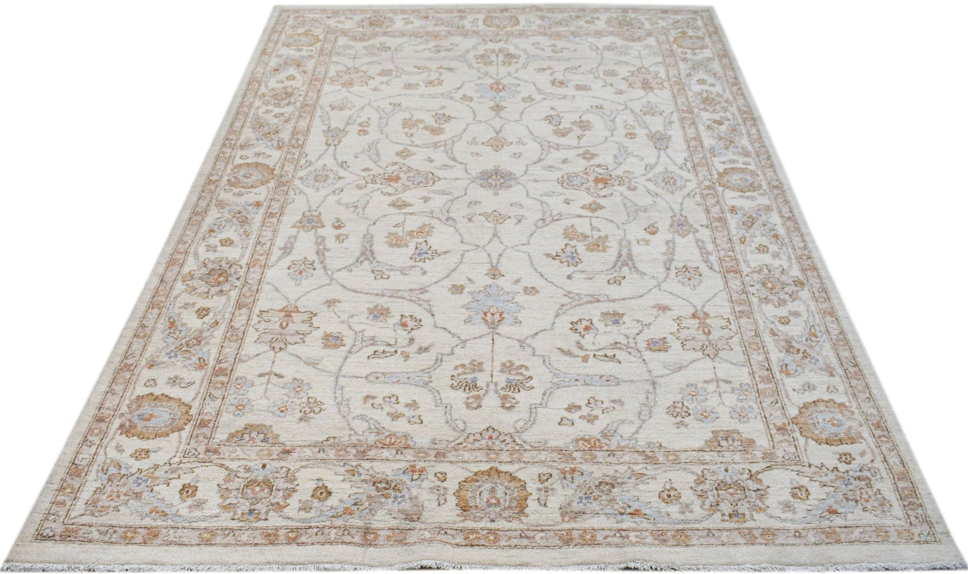 An Afghan Chobi rug featuring a traditional floral pattern in soft beige and earthy tones.