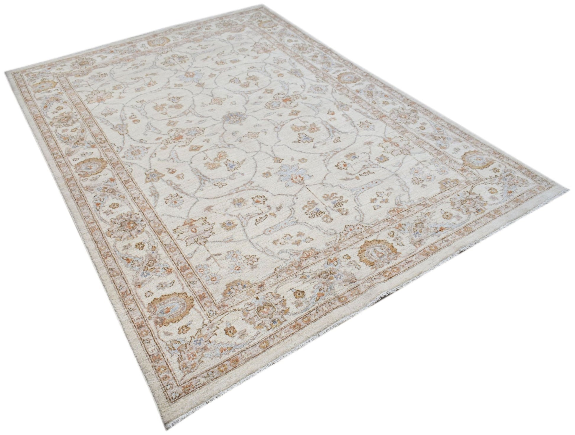 An Afghan Chobi rug featuring a traditional floral pattern in soft beige and earthy tones.
