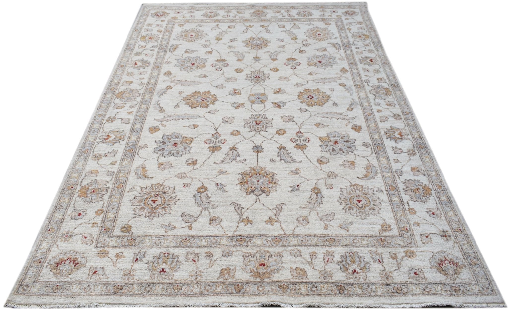 A rectangular Afghan Chobi rug featuring a traditional floral pattern in soft, earthy tones.