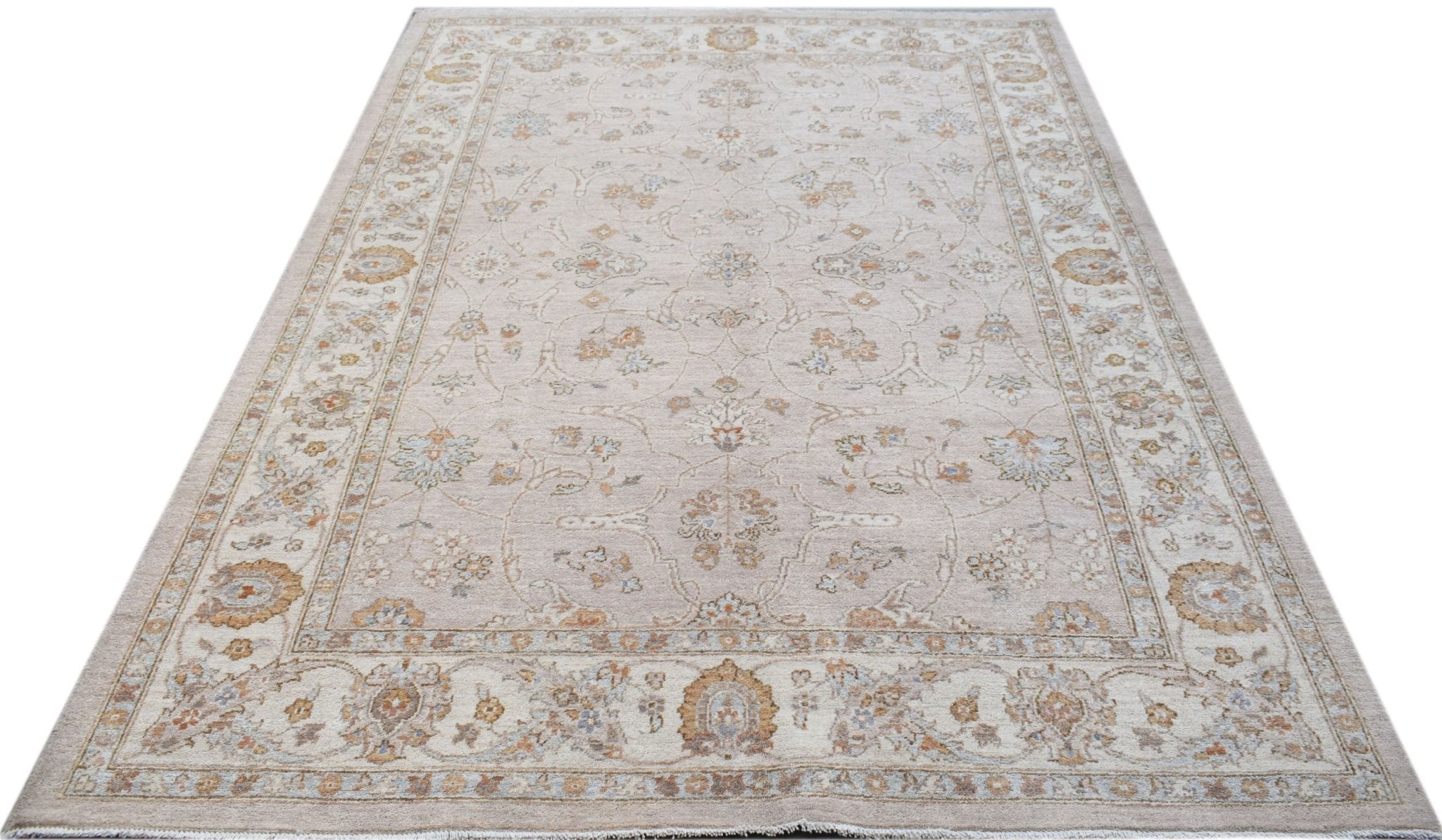 A rectangular Afghan Chobi rug featuring a traditional floral pattern in soft beige and brown tones.