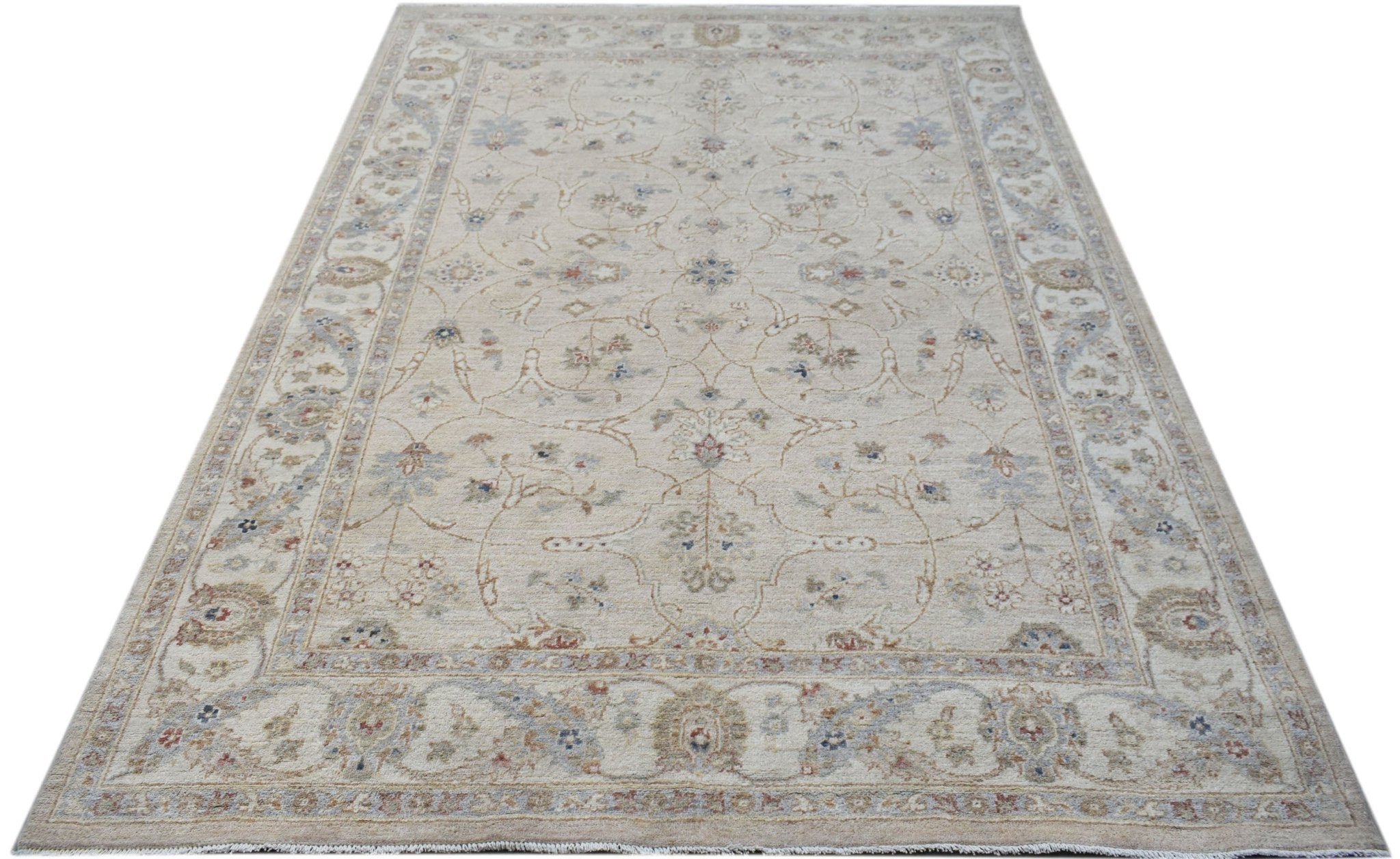 A rectangular Afghan Chobi rug featuring a traditional floral pattern in soft, earthy tones.