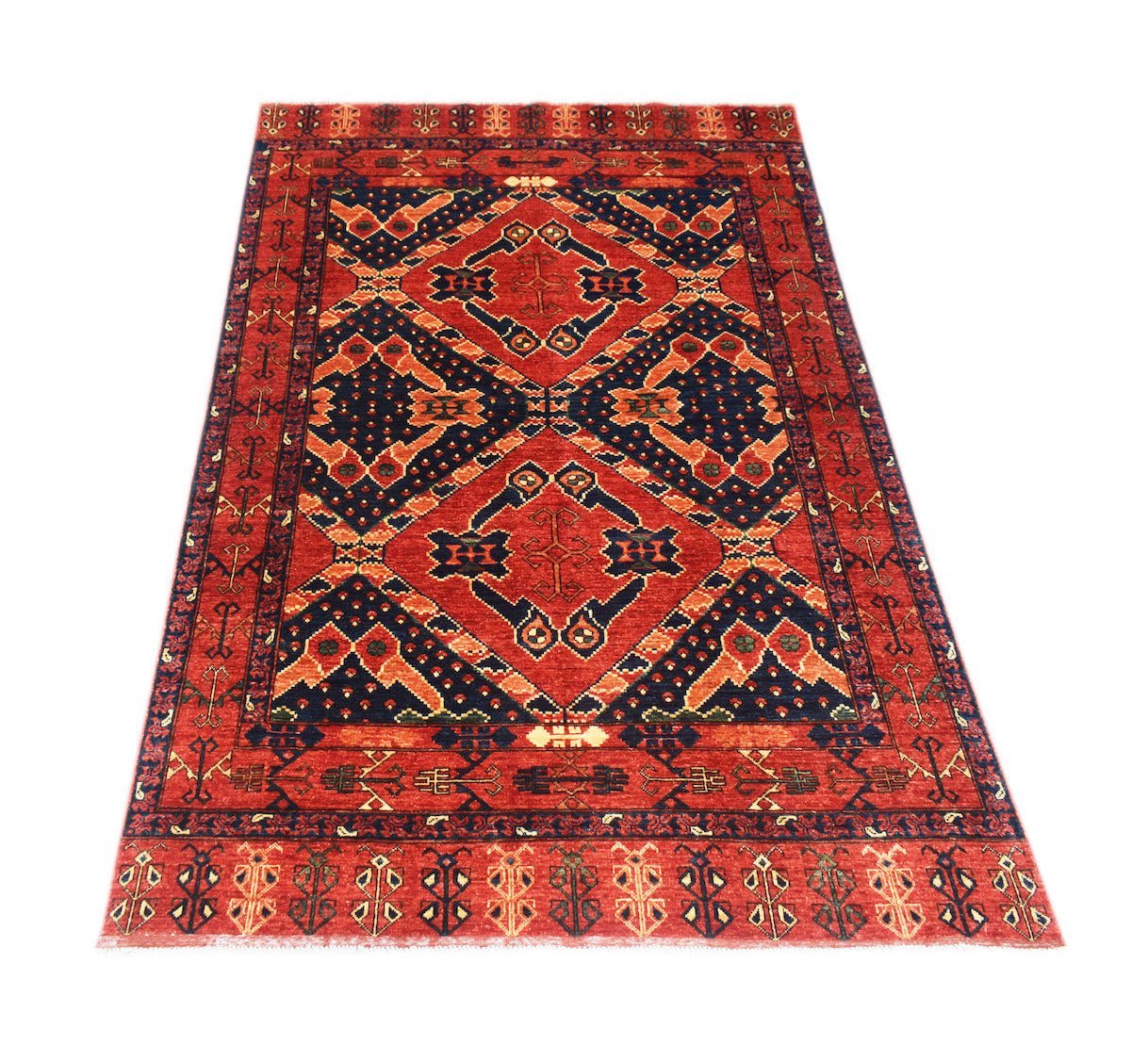 A rectangular Afghan Chobi rug featuring a traditional geometric pattern in red and navy blue.