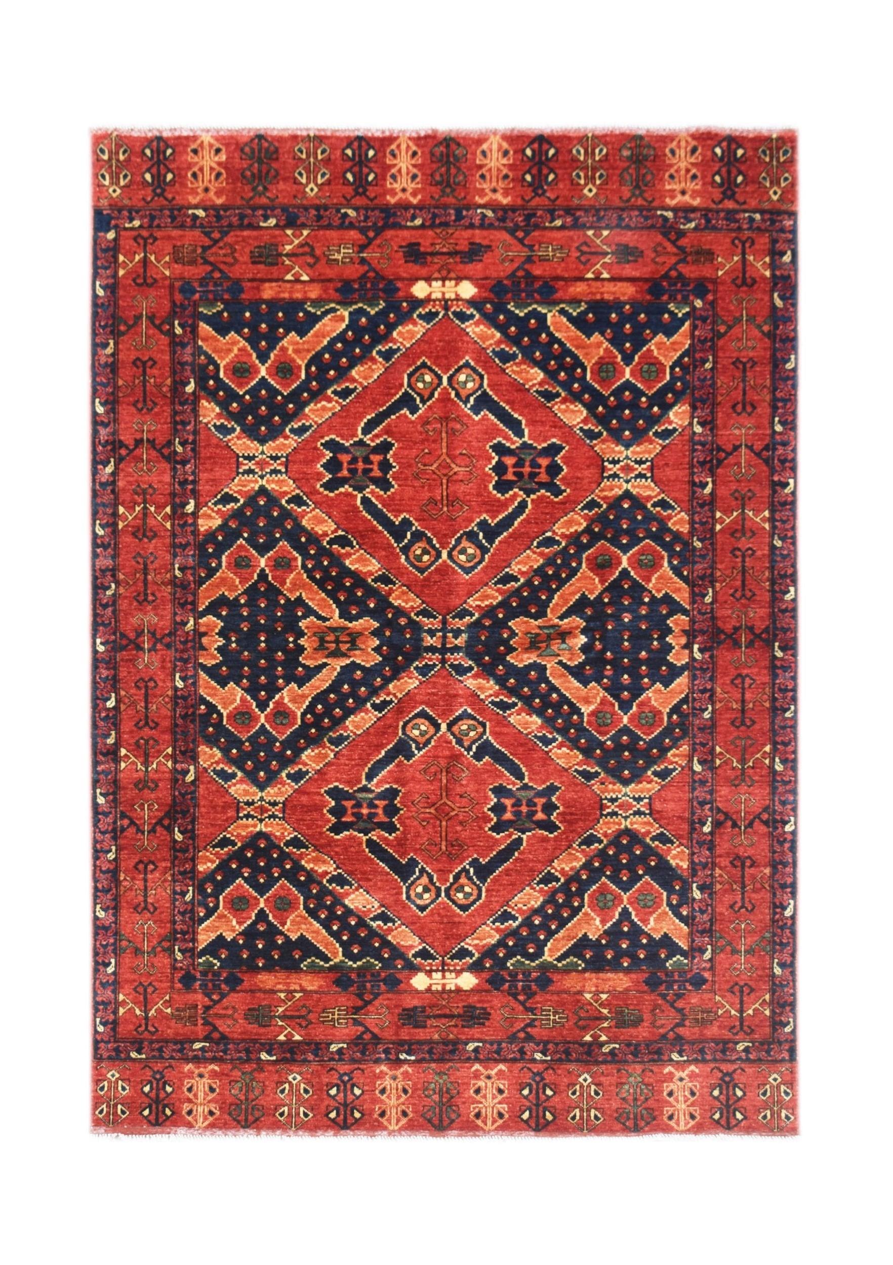 Handmade Afghan Chobi rug featuring a traditional geometric pattern in red and navy blue.