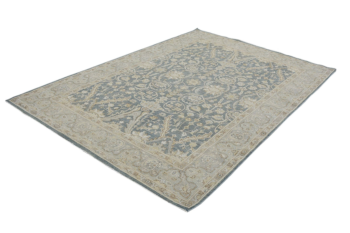 A rectangular Afghan Chobi rug featuring a traditional floral pattern in blue and beige tones.