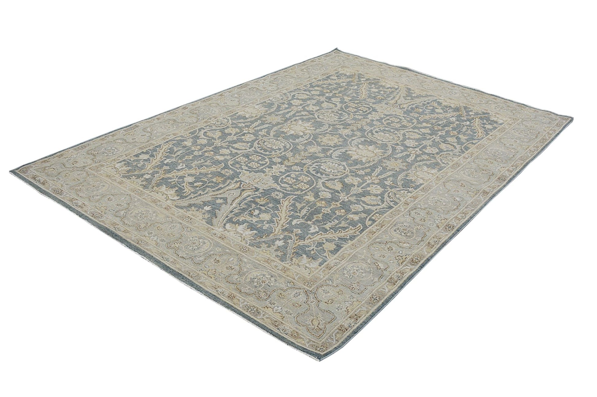 A rectangular Afghan Chobi rug featuring a traditional floral pattern in blue and beige tones.