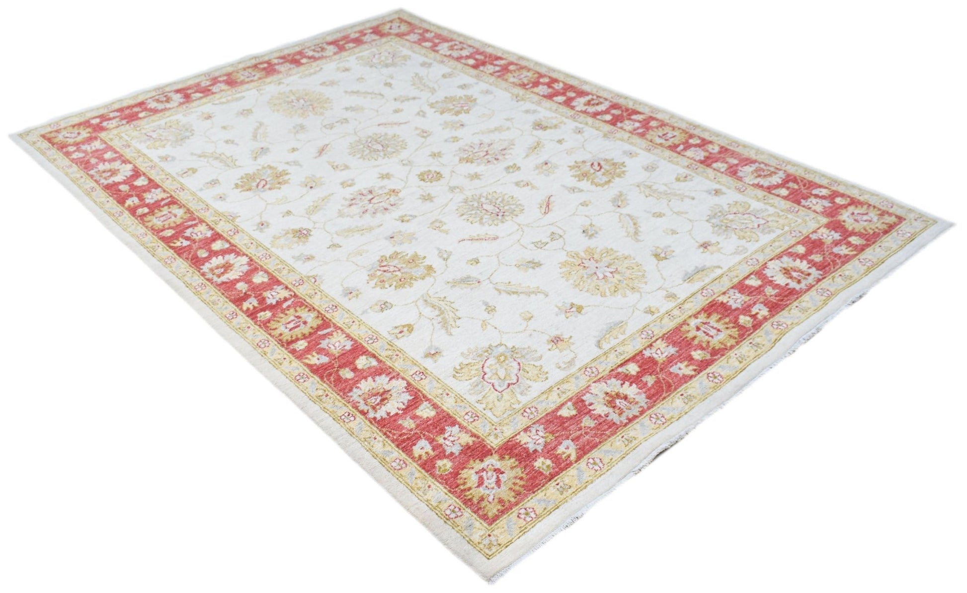 An Afghan Chobi rug featuring a cream field with floral patterns and a red border.