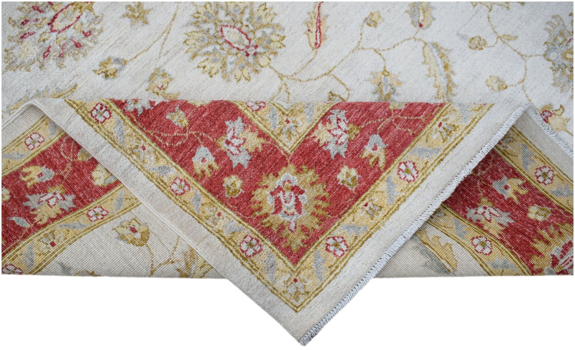 A handwoven Afghan Chobi rug featuring a cream field with floral motifs and a red border.